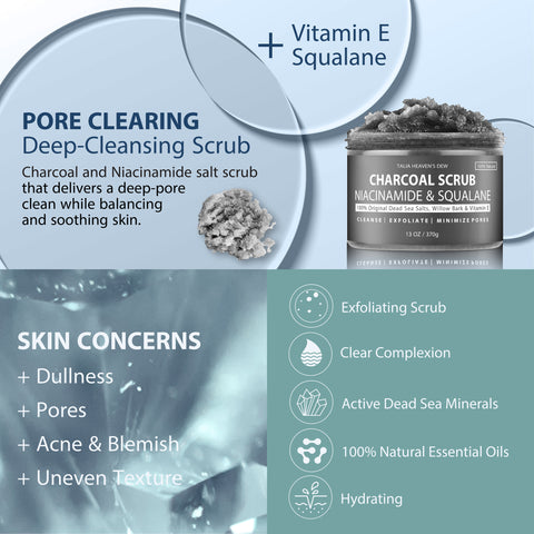 100% natural and vegan detoxifying charcoal and Niacinamide and squalane salt scrub. Rich in dead sea minerals, vitamin E and Willow bark extract body exfoliator to cleanse, and minimise appearance of pores and prevent acne breakouts