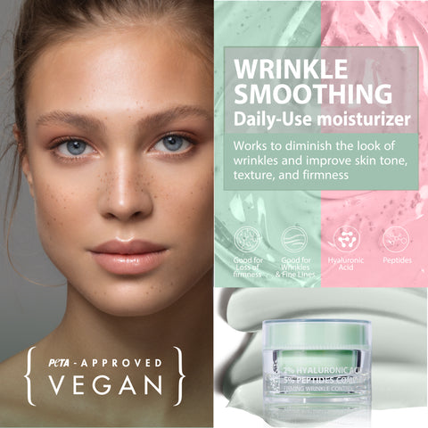 Natural and vegan skincare. Anti-aging wrinkle firming day and night  moisturiser. Best anti-ageing and wrinkle smoothing cream based on 2% hyaluronic acid and 5% peptides complex for firmer, younger looking skin.